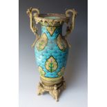 A LARGE 19TH CENTURY ENAMELLED EASTERN BALUSTER VASE WITH PAINTED GILT METAL MOUNTS the vase