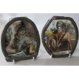 TWO UNUSUAL ANTIQUE STAINED GLASS PANELS DEPICTING 'ST. JACQUES' AND ANOTHER RELIGIOUS FIGURE,