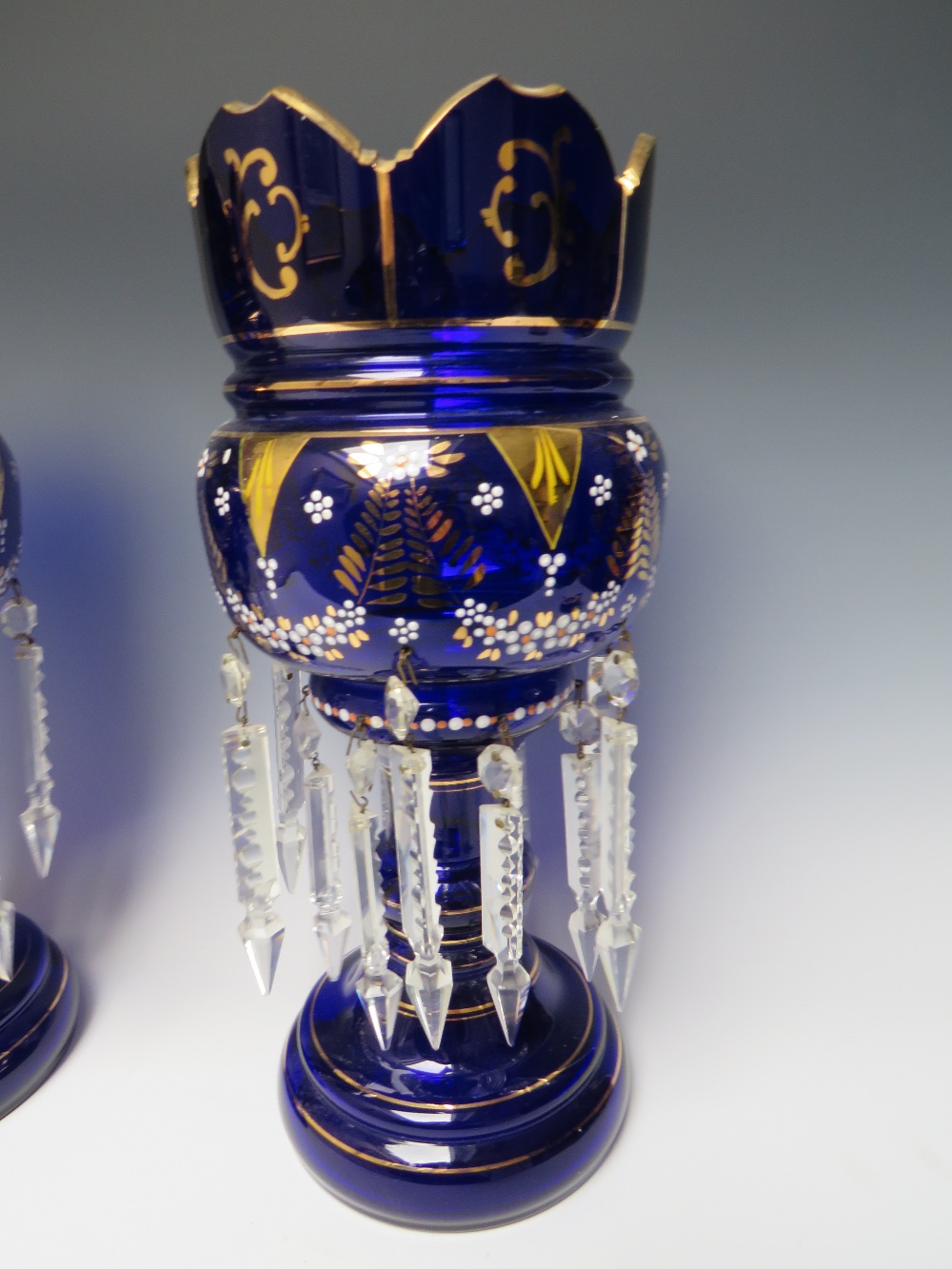 A PAIR OF LATE 19TH CENTURY BLUE GLASS AND ENAMEL LUSTRES, H 36.5 cm - Image 2 of 4