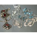 A COLLECTION OF SIX MODERN SILVER PENDANT AND EARRINGS JEWELLERY SETS, to include QVC Diamonique