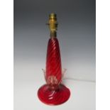 A MURANO RED 'SWIRL' GLASS LAMP BASE, with gold leaf inclusion to clear single 'knop' to base,