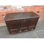 A 19TH CENTURY OAK TRIPLE PANEL MULE CHEST, raised on modern castors, H 79 cm, W 119 cm, A/