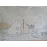 B.N. (XX) BRITISH SCHOOL. A stormy village street scene with figure, signed with initials lower