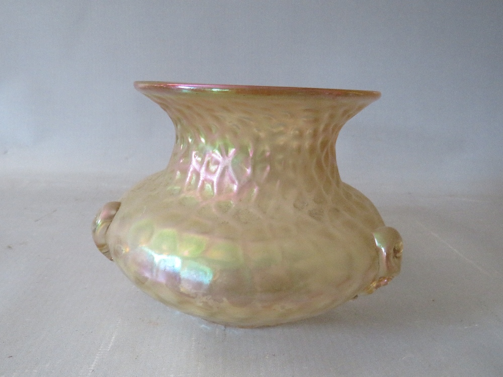 A LOETZ STYLE GREEN GLASS VASE, together with a smaller Loetz style iridescent glass vase and two - Image 5 of 10
