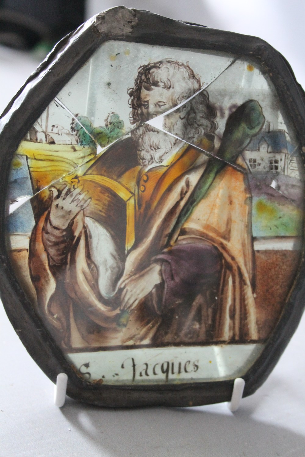 TWO UNUSUAL ANTIQUE STAINED GLASS PANELS DEPICTING 'ST. JACQUES' AND ANOTHER RELIGIOUS FIGURE, - Image 3 of 4
