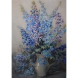 MARION BROOM (1878-1962). 'Delphiniums in a Vase', signed lower right, watercolour, framed and