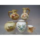 FOUR ITEMS OF ROYAL WORCESTER BLUSH IVORY CERAMICS, to include two jugs with floral and foliate