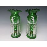 A PAIR OF LATE 19TH CENTURY MARY GREGORY STYLE GREEN GLASS LUSTRES, H 27 cm