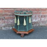 AN UNUSUAL VICTORIAN MAHOGANY UPHOLSTERED STOOL / WORK BOX, circular hinged top above an hexagonal