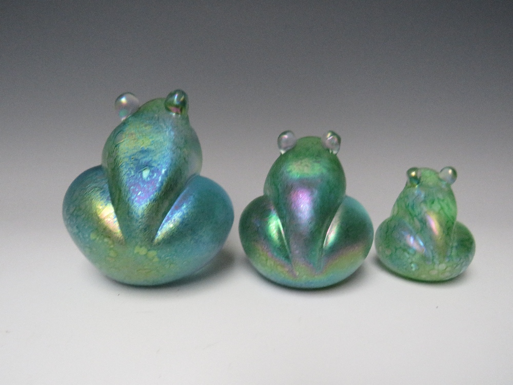 JOHN DITCHFIELD FOR GLASFORM - A SET OF THREE IRIDESCENT GLASS GRADUATED SEATED FROG PAPERWEIGHTS, - Image 3 of 8