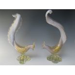 A PAIR OF MURANO BIRD OF PARADISE GLASS SCULPTURES, circa 1950, lilac and clear glass body with gold