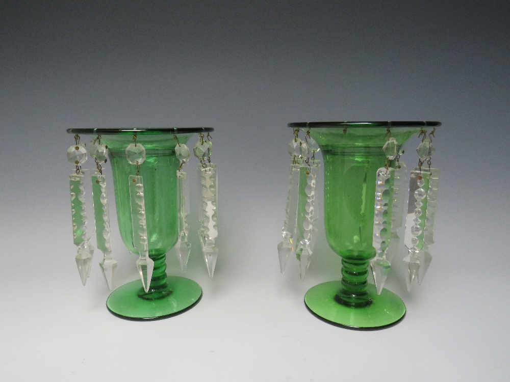 A LATE 19TH CENTURY GREEN GLASS AND ENAMEL LUSTRE, H 36.5 cm, together with two smaller plain - Image 7 of 7