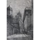FRED MILLAR. Street scene with figures, signed in pencil lower right, etching on paper, unframed, 20