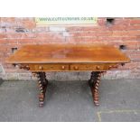 A 19TH CENTURY ROSEWOOD LIBRARY TABLE, with two frieze drawers, raised on barleytwist supports and