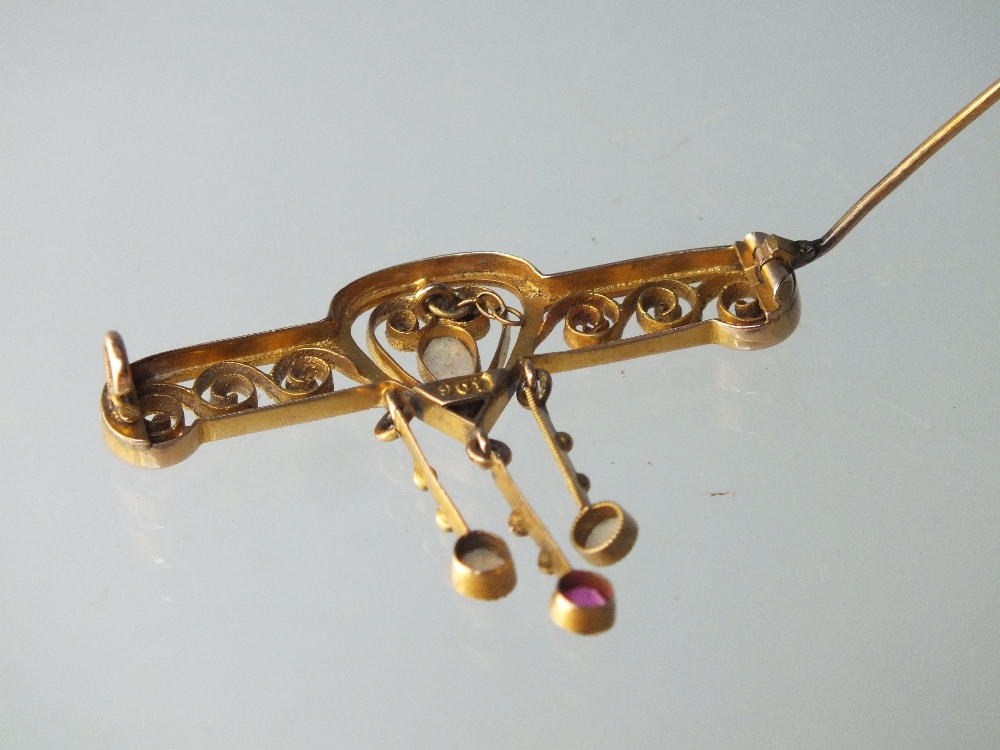 A 9CT GOLD OPAL AND GEMSET BAR BROOCH, of ornate design with gemset droppers, approx 4.1 g, W 4 cm - Image 2 of 3