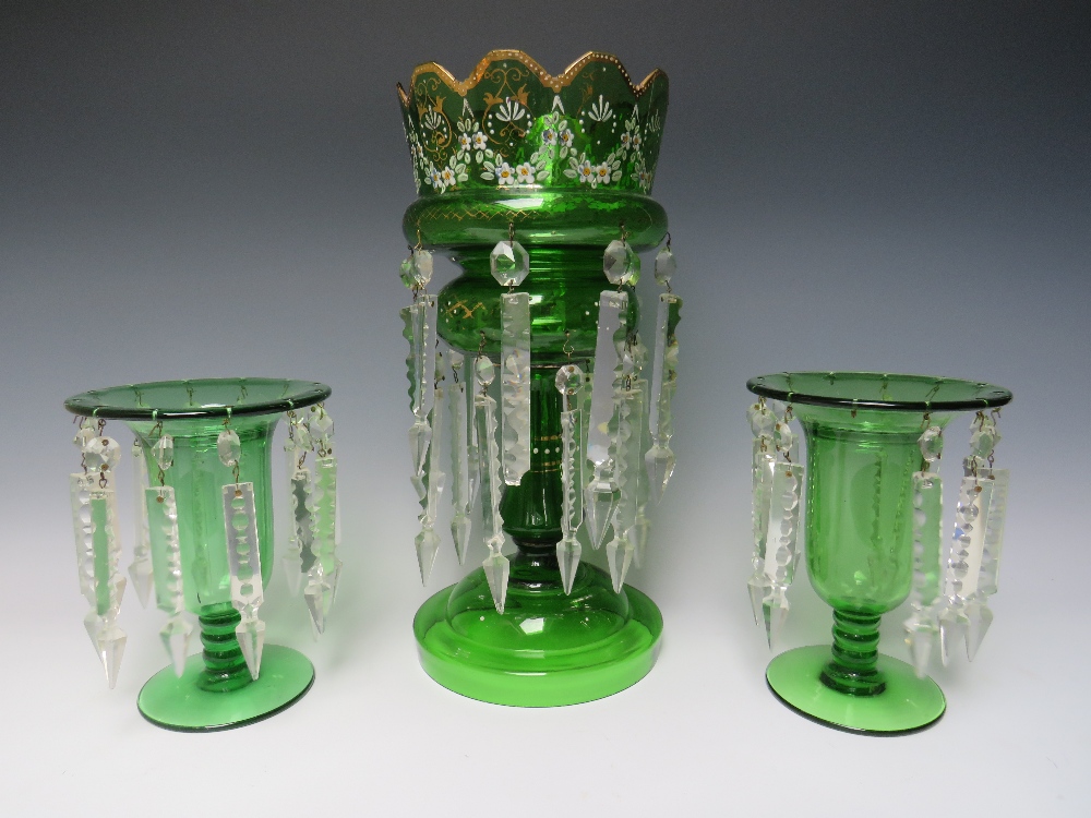 A LATE 19TH CENTURY GREEN GLASS AND ENAMEL LUSTRE, H 36.5 cm, together with two smaller plain - Image 6 of 7