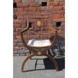 AN EDWARDIAN MAHOGANY INLAID 'X-FRAME' ARMCHAIR, with satinwood inlaid decoration, raised on a 'x-