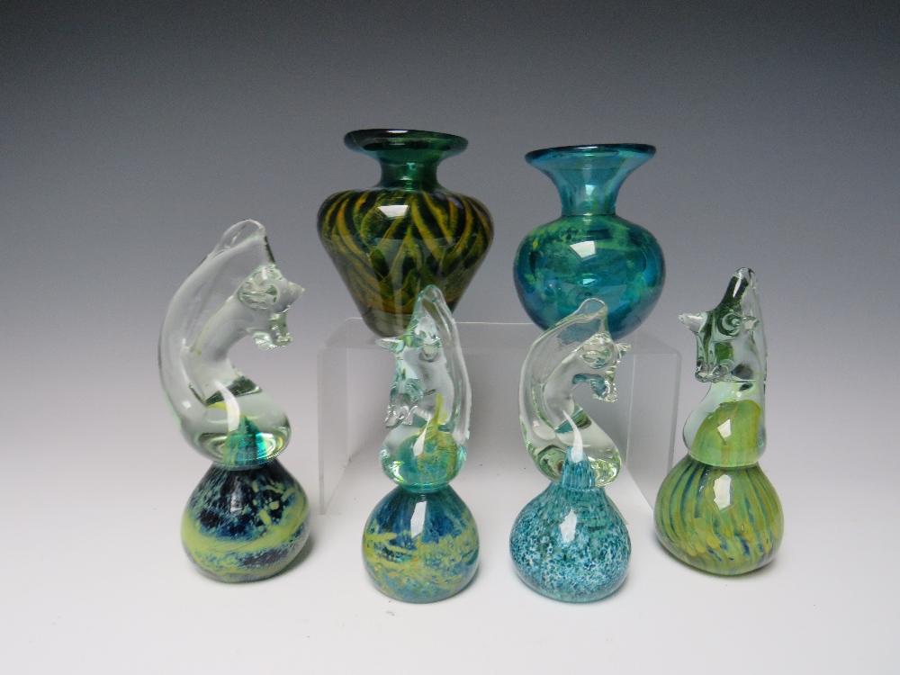 A COLLECTION OF MDINA GLASS PAPERWEIGHTS ETC., comprising two vases and four seahorse