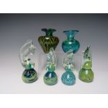 A COLLECTION OF MDINA GLASS PAPERWEIGHTS ETC., comprising two vases and four seahorse