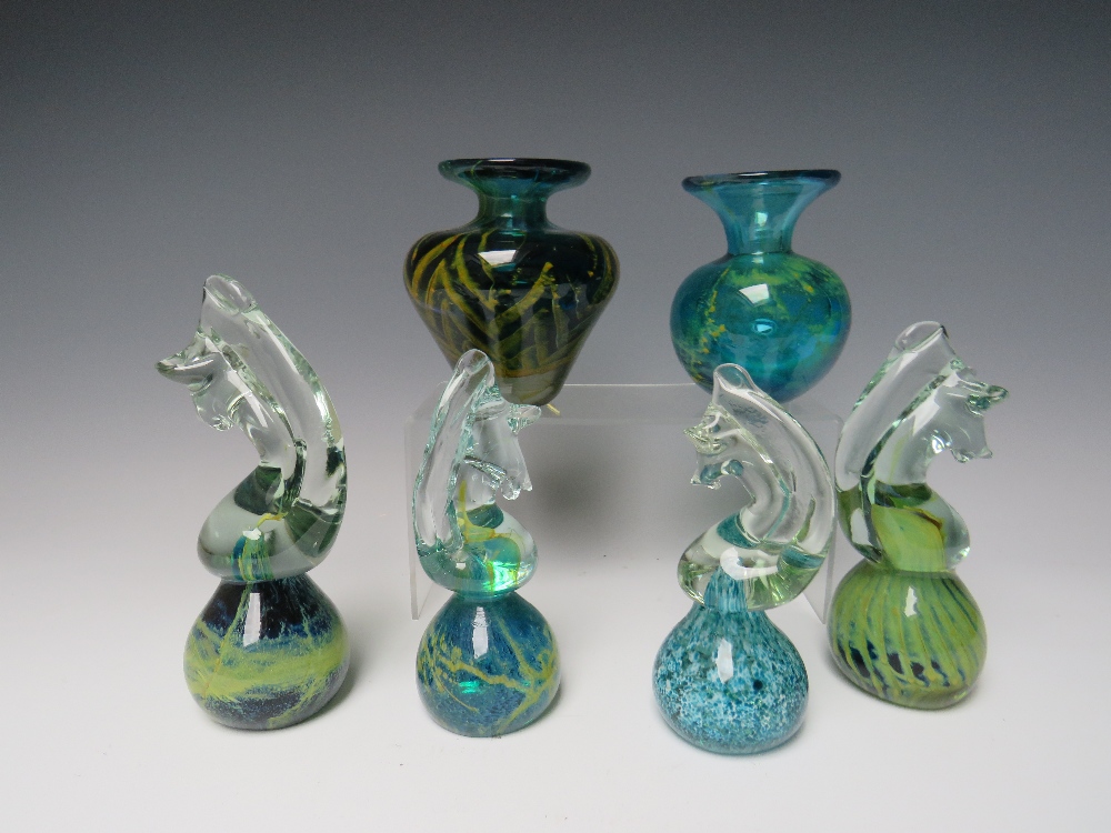 A COLLECTION OF MDINA GLASS PAPERWEIGHTS ETC., comprising two vases and four seahorse - Image 2 of 2