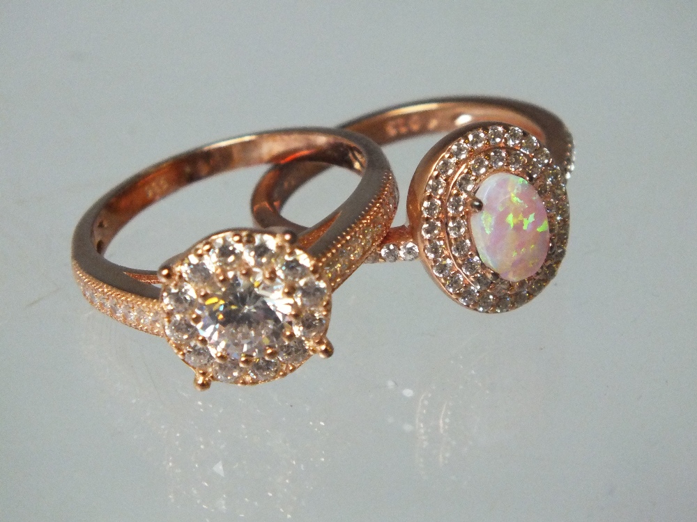 A COLLECTION OF MOSTLY ROSE GOLD TONE GEMSET SILVER JEWELLERY ITEMS ETC, comprising five rings, a - Image 3 of 5