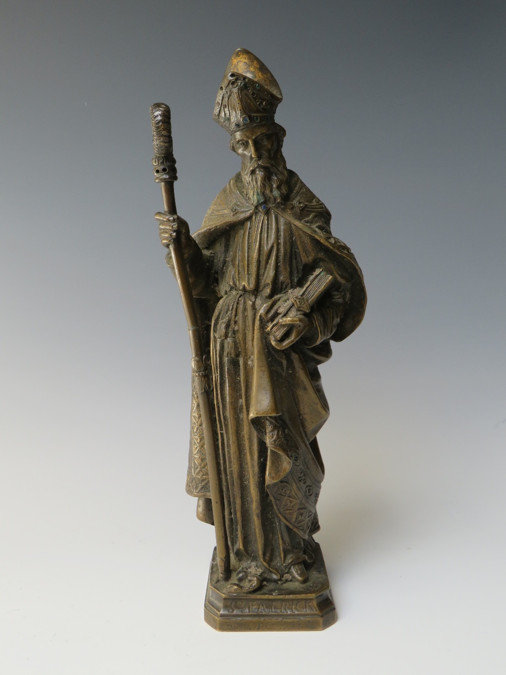 A GOOD QUALITY BRONZE FIGURINE OF ST PATRICK HOLDING CROZIER, H 30 cm