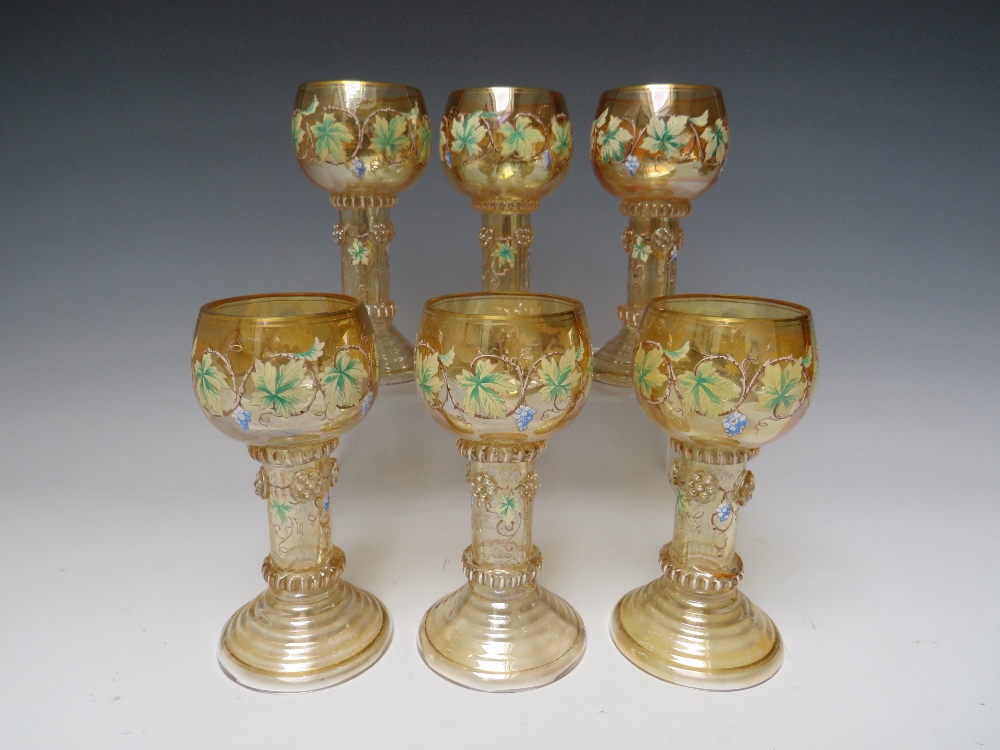 A SET OF SIX CONTINENTAL ANTIQUE ROEMER / HOCK GLASSES, the lustre glass with hand painted and - Image 2 of 7