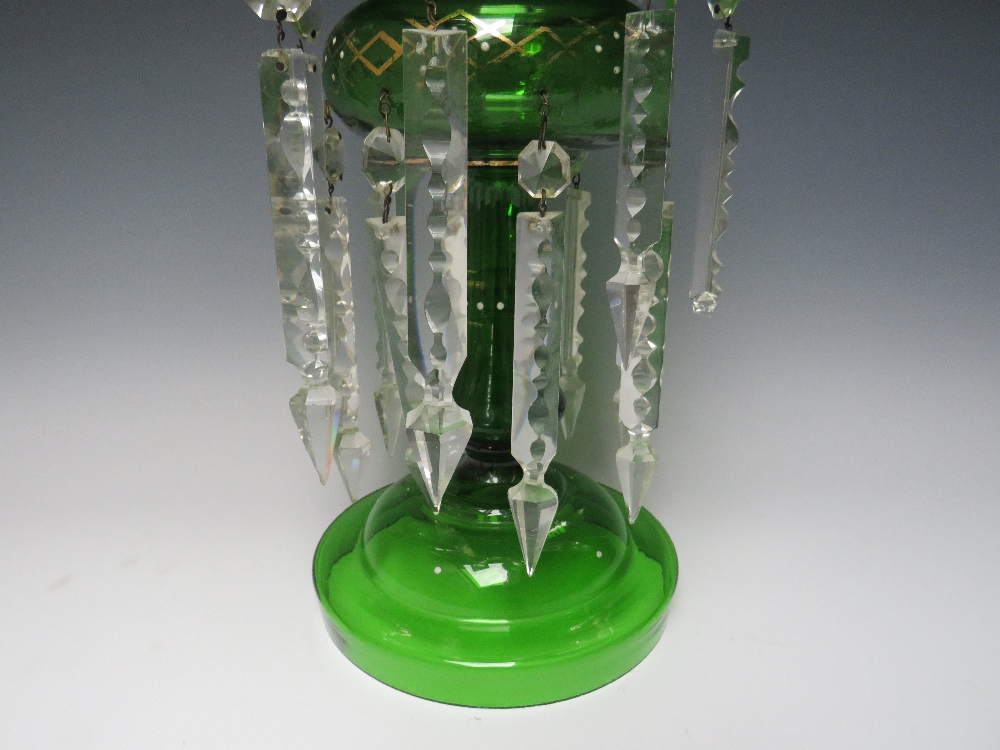 A LATE 19TH CENTURY GREEN GLASS AND ENAMEL LUSTRE, H 36.5 cm, together with two smaller plain - Image 4 of 7