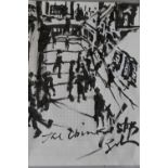 HAROLD RILEY (b.1934). Street scene with figures 'The Chinese Steps', signed lower right, pens and