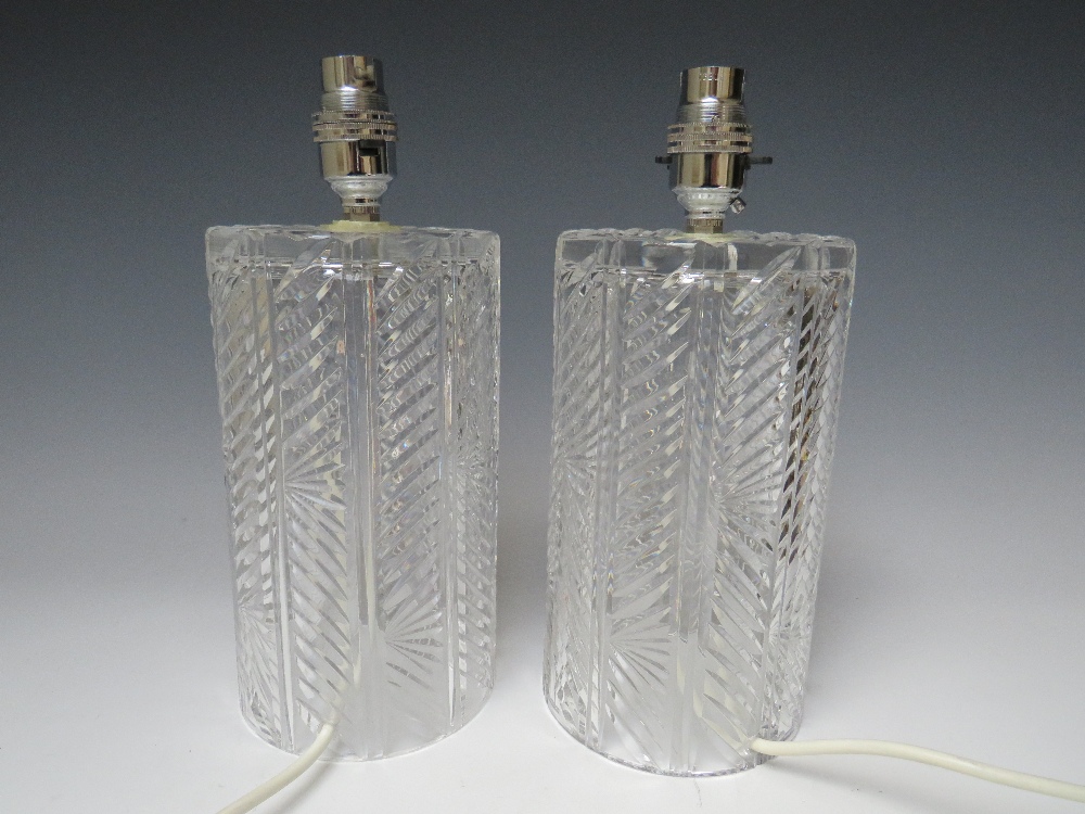 A PAIR OF WATERFORD CRYSTAL GLASS TABLE LAMPS. of cylindrical form, lamp H 20 cm, overall H 26 cm, - Image 4 of 6