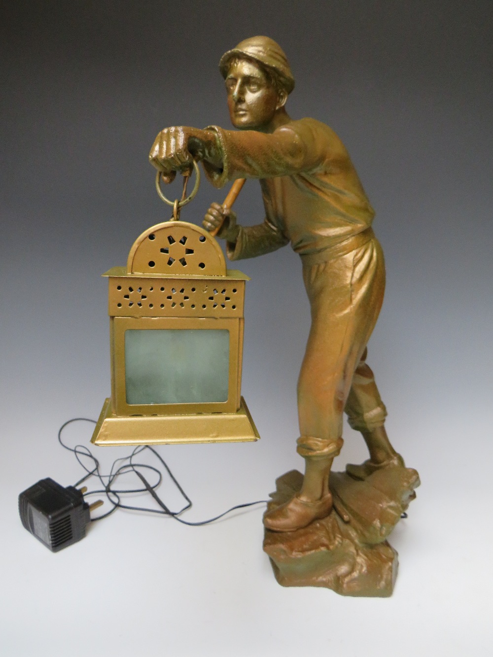 A LARGE SPELTER FIGURE OF A MINER WITH LAMP, the lamp fitted with later LED bulb, H 53 cmCondition - Image 6 of 8