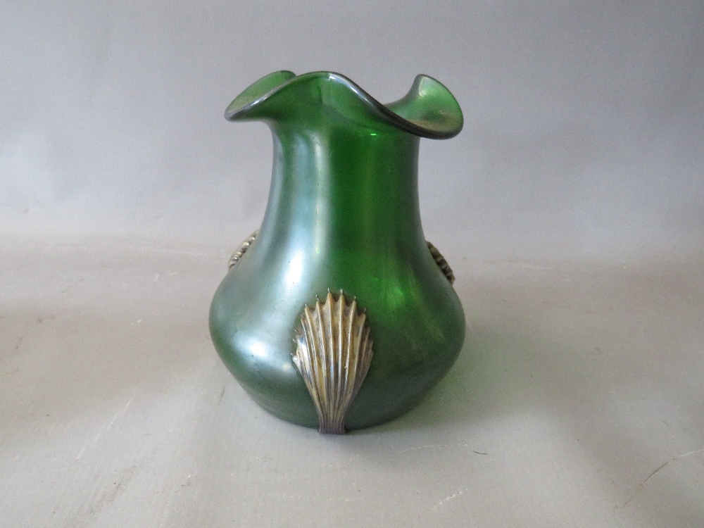 A LOETZ STYLE GREEN GLASS VASE, together with a smaller Loetz style iridescent glass vase and two - Image 3 of 10