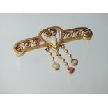 A 9CT GOLD OPAL AND GEMSET BAR BROOCH, of ornate design with gemset droppers, approx 4.1 g, W 4 cm