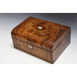 A WALNUT AND PARQUETRY WORK BOX, W 30 cm