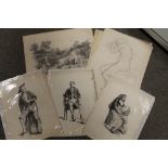 A TRAY OF ASSORTED SKETCHES AND ENGRAVINGS WITH A SMALL NUMBER OF WATERCOLOURS, to include