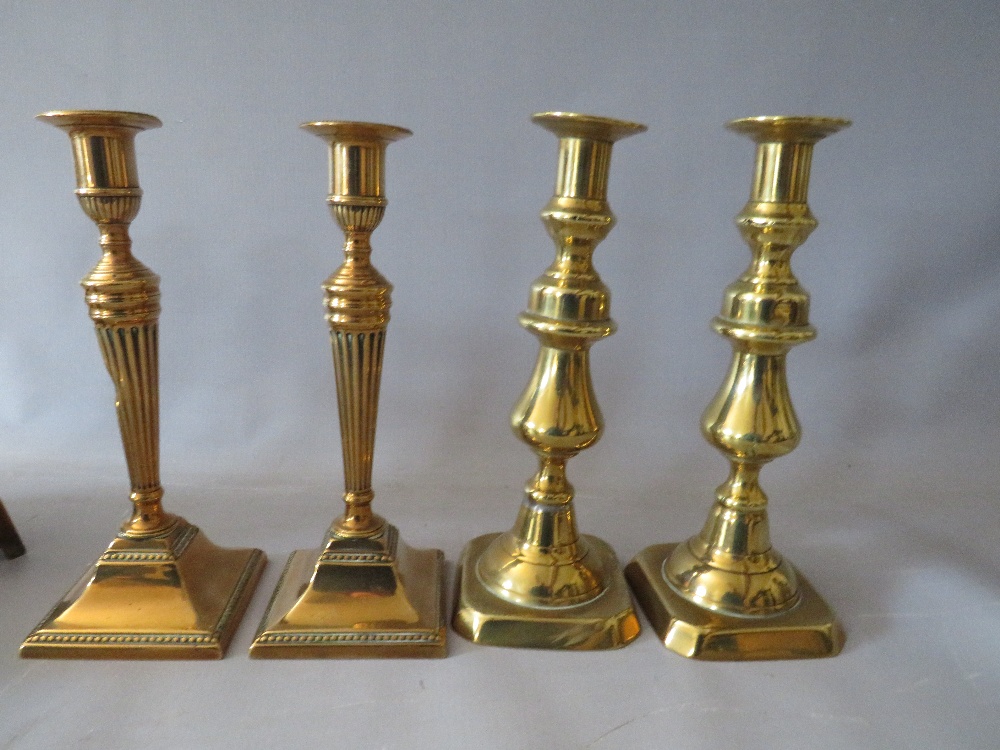 A COLLECTION OF BRASSWARE, to include two pairs of candlesticks, a pair of fire dogs etc - Image 3 of 3