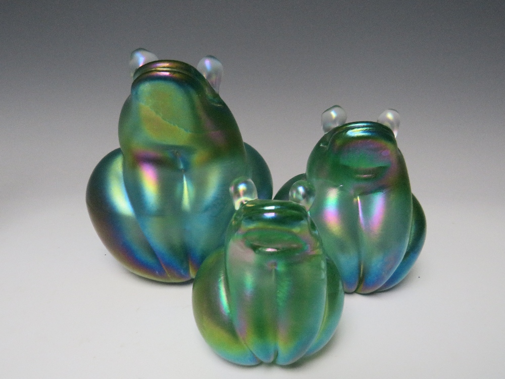 JOHN DITCHFIELD FOR GLASFORM - A SET OF THREE IRIDESCENT GLASS GRADUATED SEATED FROG PAPERWEIGHTS, - Image 7 of 8