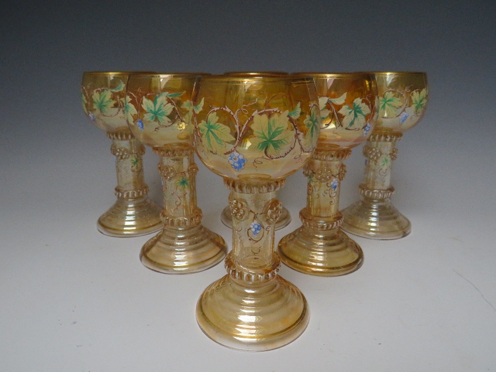 A SET OF SIX CONTINENTAL ANTIQUE ROEMER / HOCK GLASSES, the lustre glass with hand painted and - Image 7 of 7