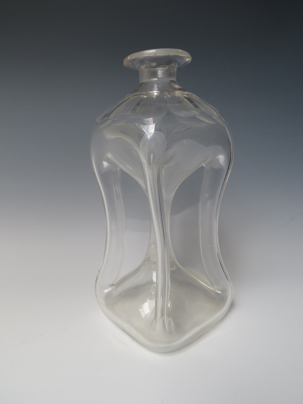 AN ANTIQUE CLEAR GLASS 'GLUG GLUG' DECANTER, with stopper, faceted embellishment to shoulders, - Image 5 of 5