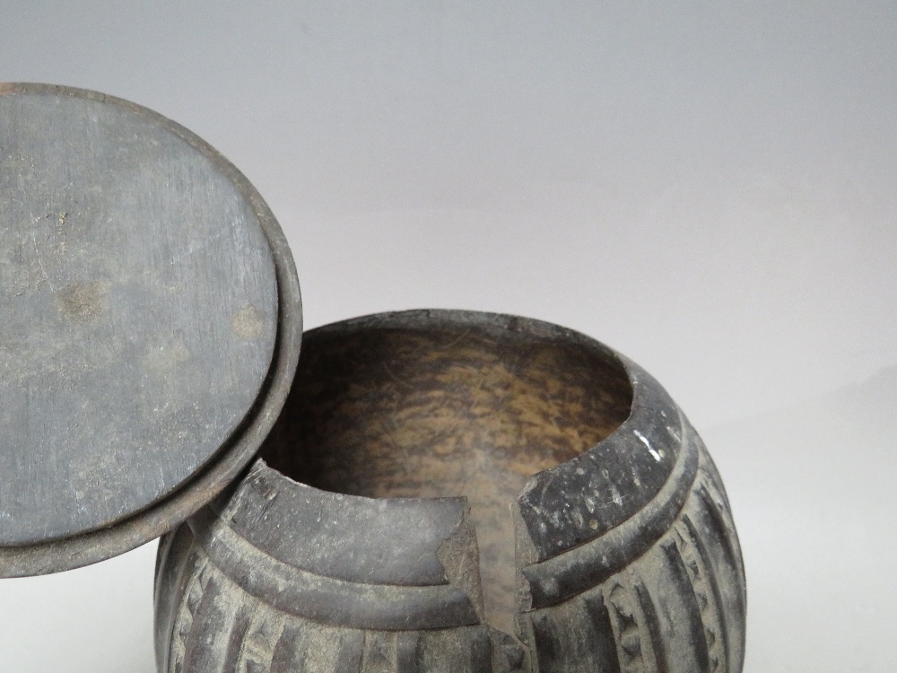 A 19TH CENTURY CARVED COCONUT SHELL AND LID, raised on a white metal covered support, H 23 cm, - Image 7 of 10