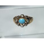 AN ANTIQUE YELLOW METAL TURQUOISE AND DIAMOND SET RING, ring size Q 1/2, approx 5.5 g