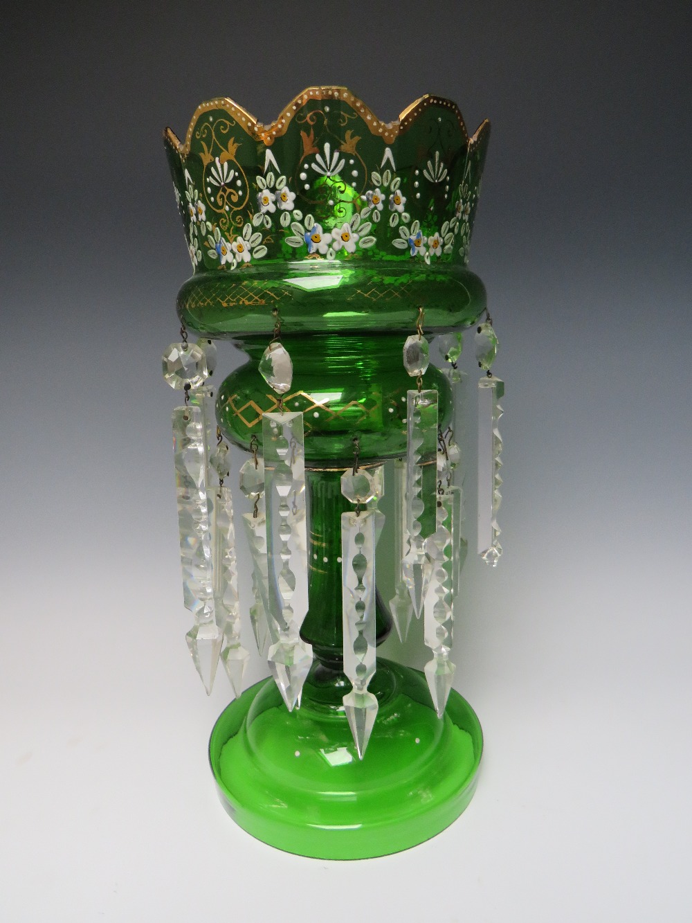 A LATE 19TH CENTURY GREEN GLASS AND ENAMEL LUSTRE, H 36.5 cm, together with two smaller plain - Image 2 of 7
