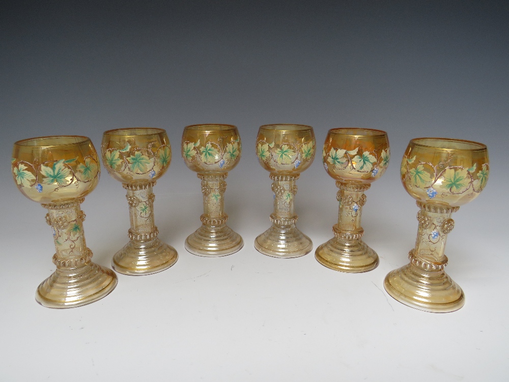 A SET OF SIX CONTINENTAL ANTIQUE ROEMER / HOCK GLASSES, the lustre glass with hand painted and - Image 3 of 7