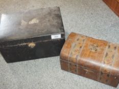 AN ANTIQUE LEATHER COATED JEWELLERY BOX, TOGETHER WITH AN INLAID DOME TOP EXAMPLE A/F