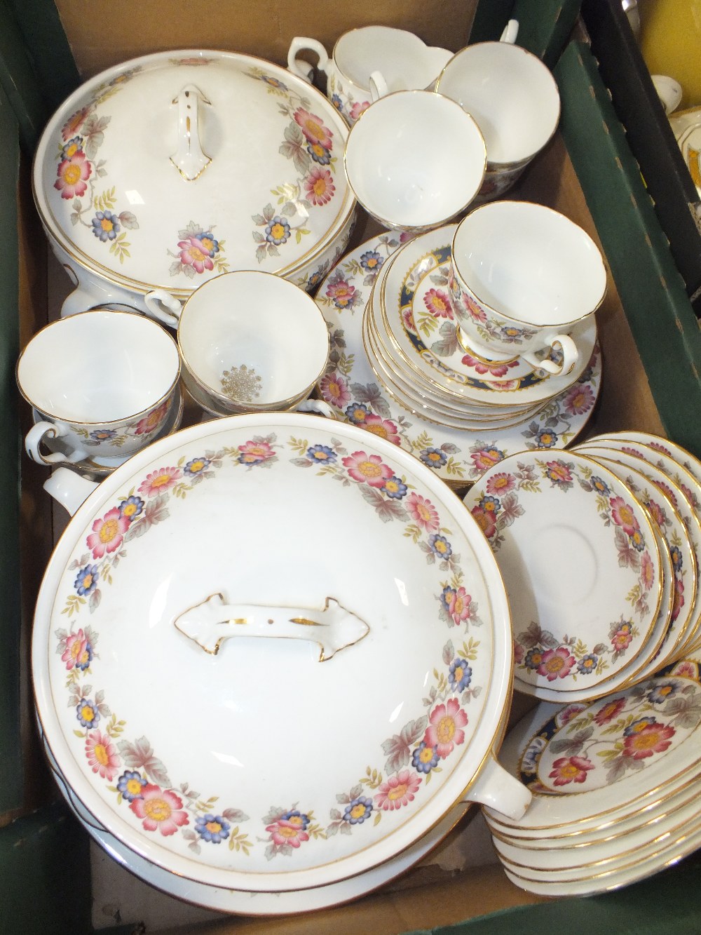 A TRAY OF FLORAL ROYAL STAFFORD CONISTON CHINA TO INCLUDE CUPS AND SAUCERS, TUREENS ETC.