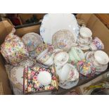 A BOX OF FLORAL CHINA TO INCLUDE CHINTZ, ROYAL ALBERT ETC