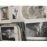 A SMALL TRAY OF FRAMED ENGRAVINGS AND EPHEMERA TO INCLUDE SHEET MUSIC, LANDSCAPES ETC