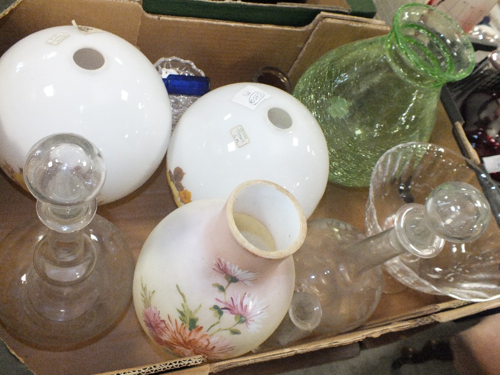 TWO TRAYS OF ASSORTED GLASSWARE TO INCLUDE TWO ANTIQUE ETCHED GLASS DECANTERS, RED GLASS DECANTER - Image 3 of 3