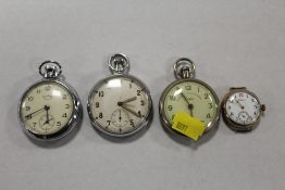 THREE ASSORTED POCKET WATCHES TO INCLUDE A MILITARY EXAMPLE TOGETHER WITH A GOLD PLATED WALTHAM