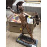 A COPPER FIGURE OF A GREEK WARRIOR ON MARBLE PLINTH MARKED METAMEL? H- 40CM